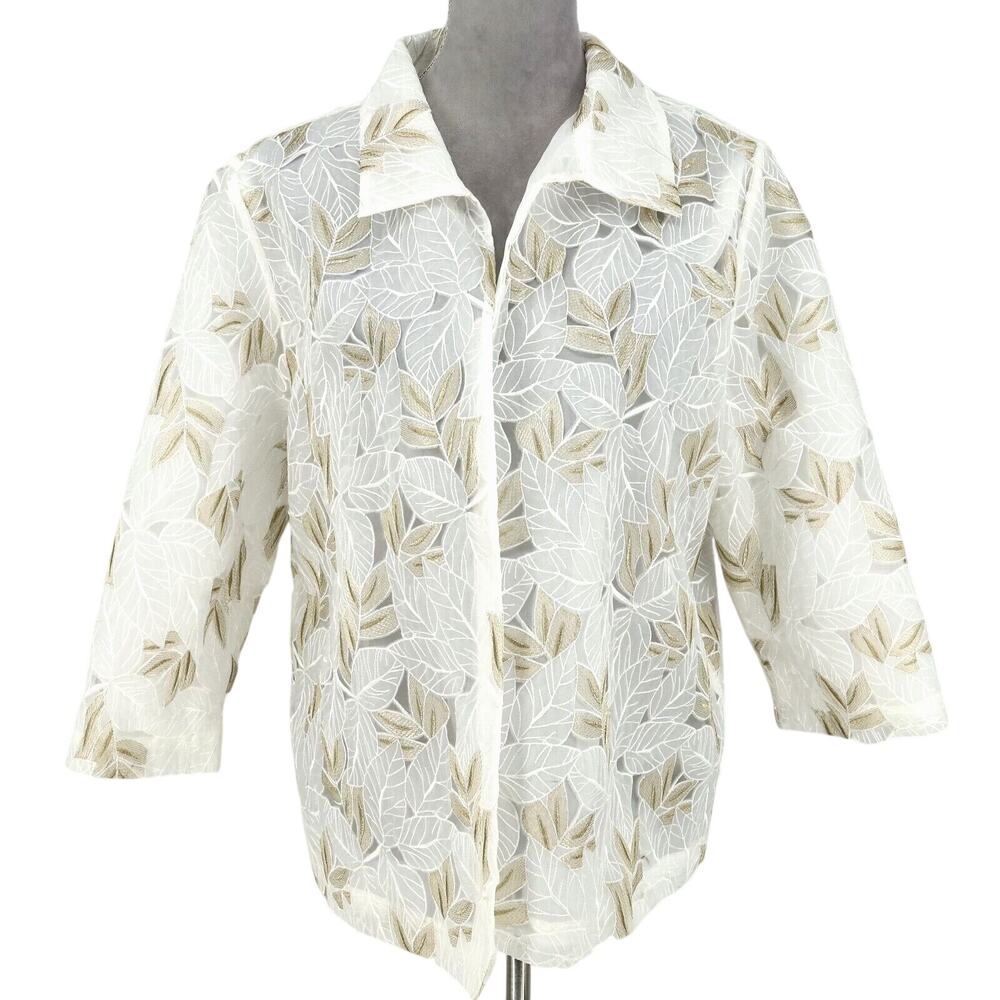 Chicos Jacket 3 Womens XL White Gold Metallic Embroidered Sheer Lined Open Front